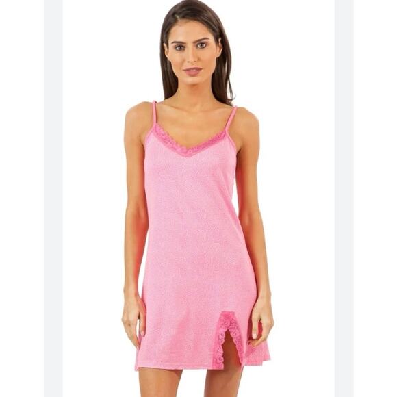 Betsey Johnson Pink Polka Dot Lace Trim Slip Chemise Nightgown Medium - Picture 1 of 6